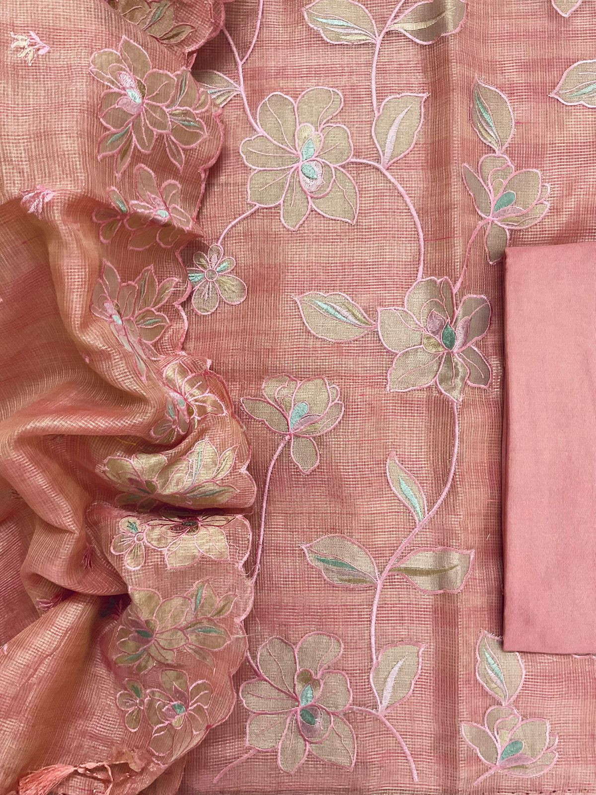 Soft Tissue Kota Silk Embroidered Suit - Pink