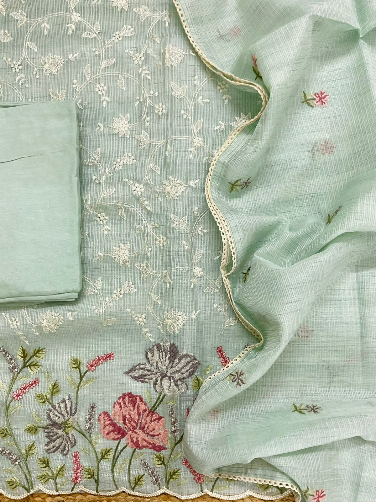 Soft Kota Silk Embroidered Suit - Green