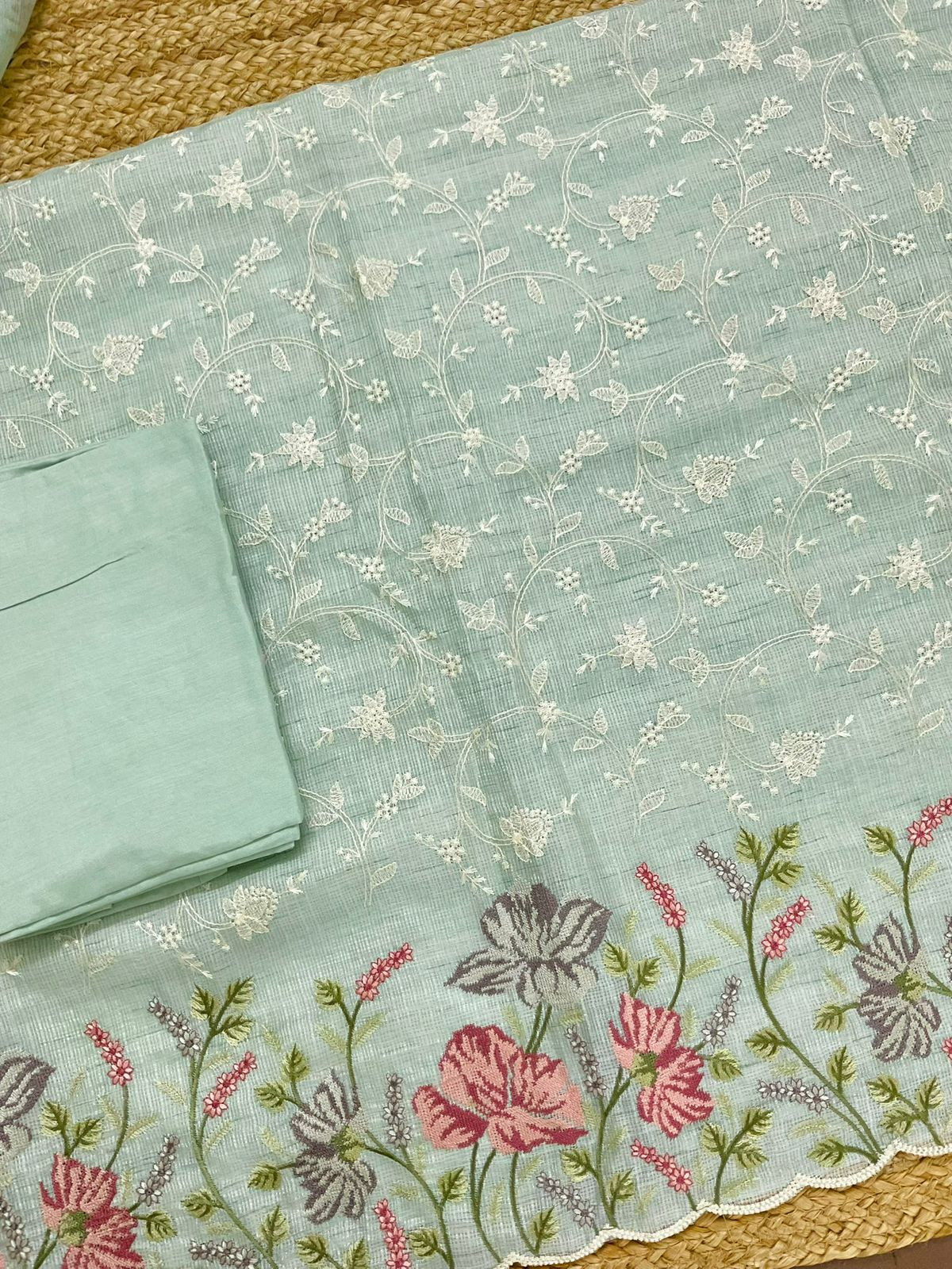 Soft Kota Silk Embroidered Suit - Green