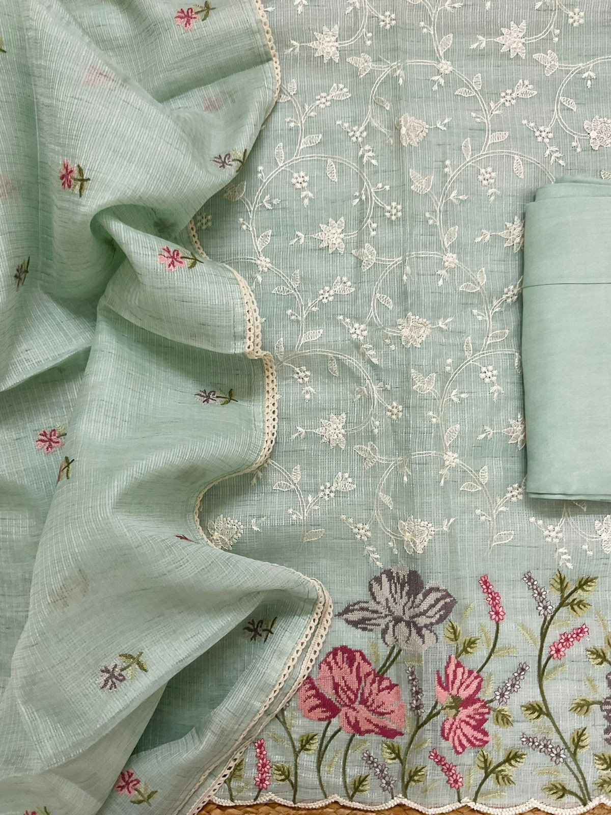 Soft Kota Silk Embroidered Suit - Green