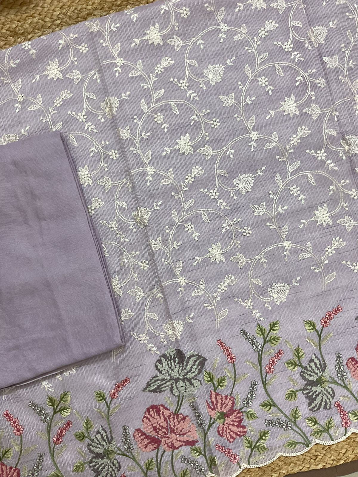 Soft Kota Silk Embroidered Suit - Lavender