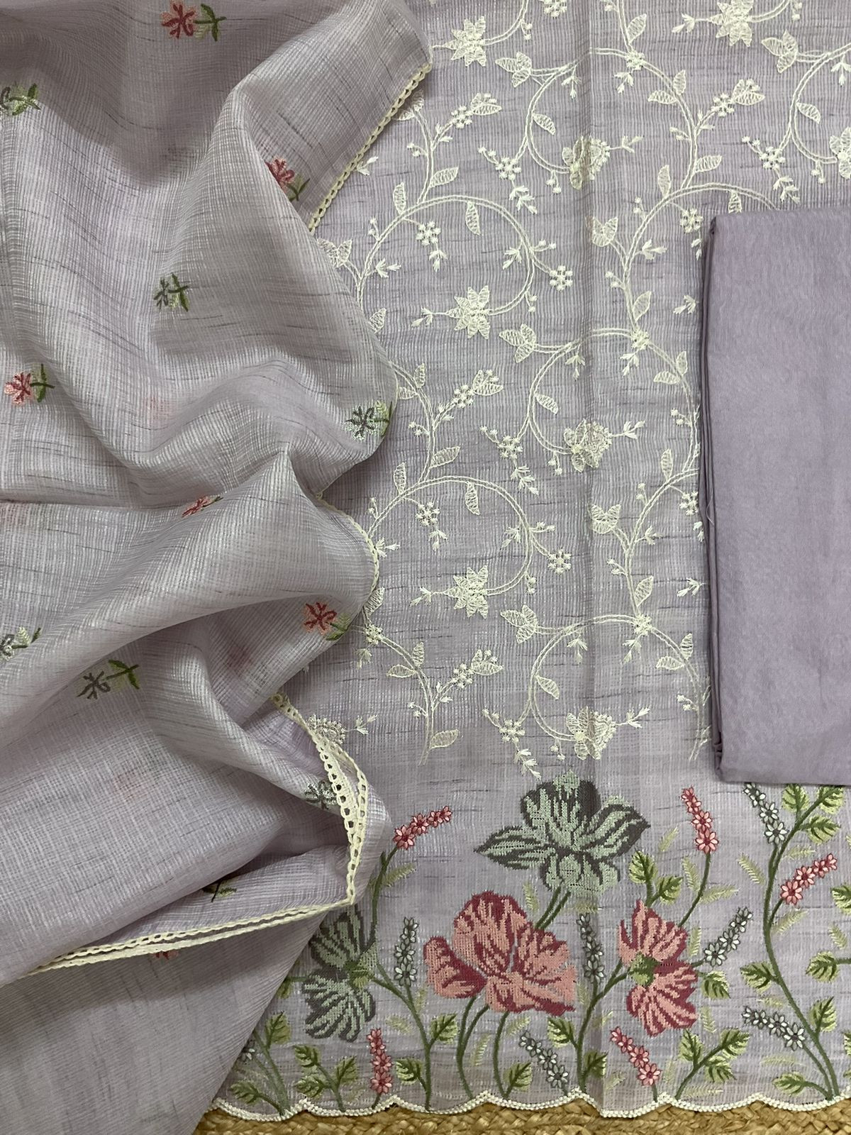 Soft Kota Silk Embroidered Suit - Lavender