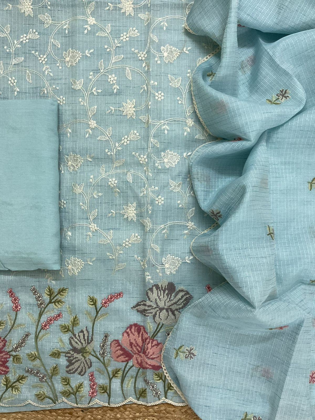 Soft Kota Silk Embroidered Suit - Blue