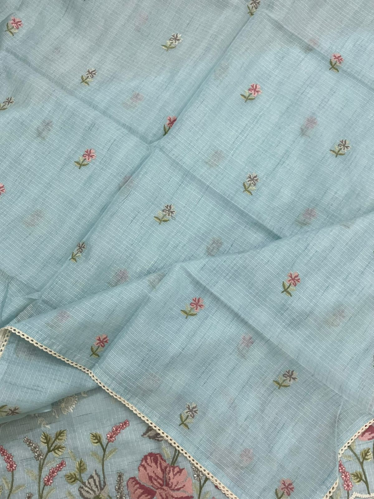 Soft Kota Silk Embroidered Suit - Blue