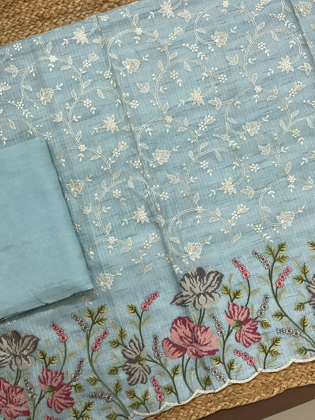 Soft Kota Silk Embroidered Suit - Blue