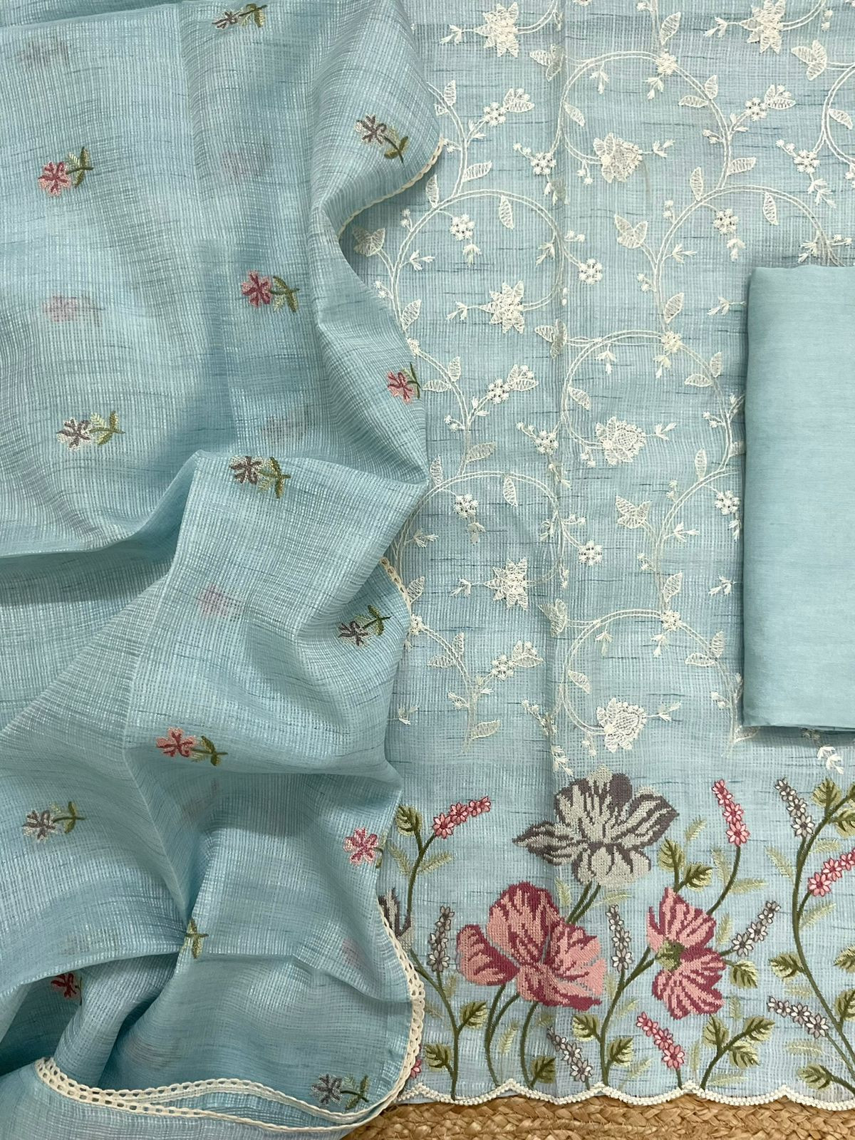 Soft Kota Silk Embroidered Suit - Blue