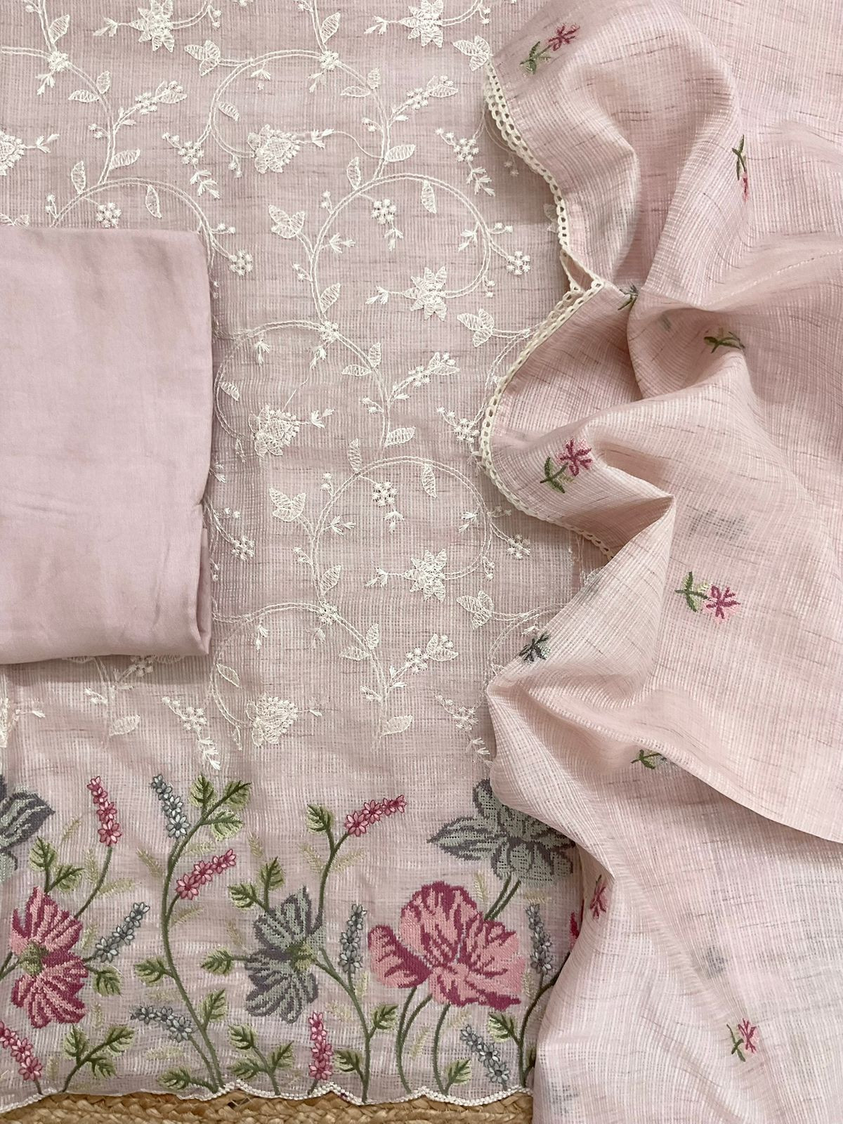 Soft Kota Silk Embroidered Suit - Pink