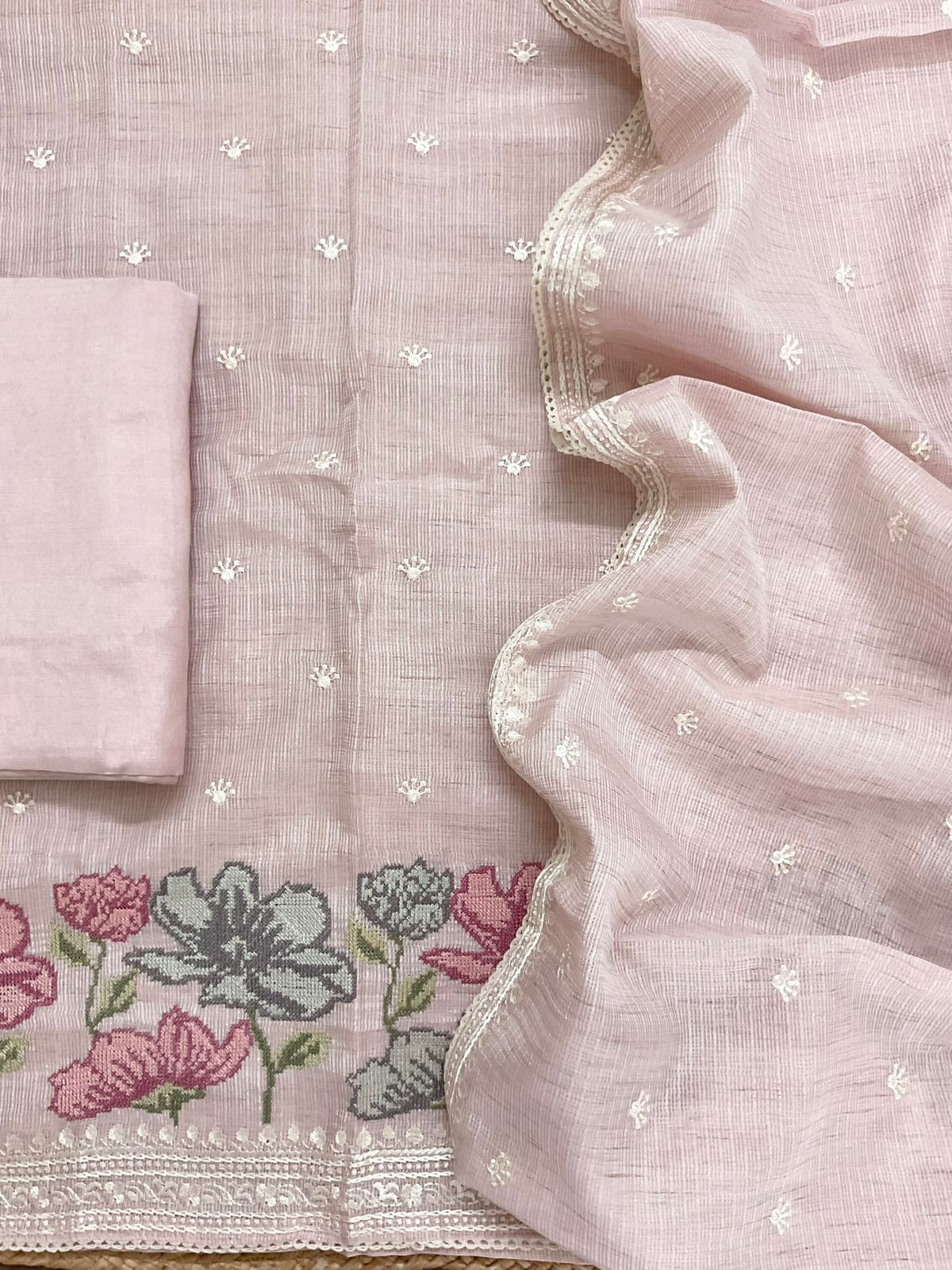 Soft Kota Silk Embroidered Suit - Pink