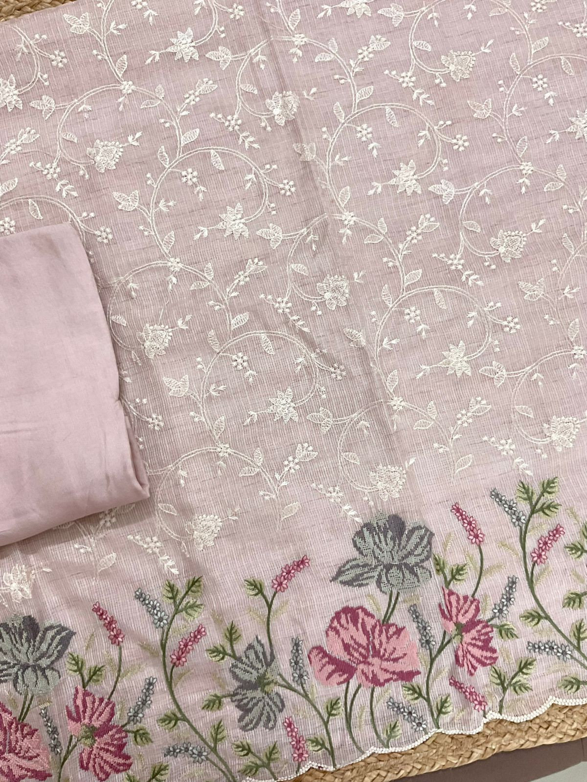 Soft Kota Silk Embroidered Suit - Pink