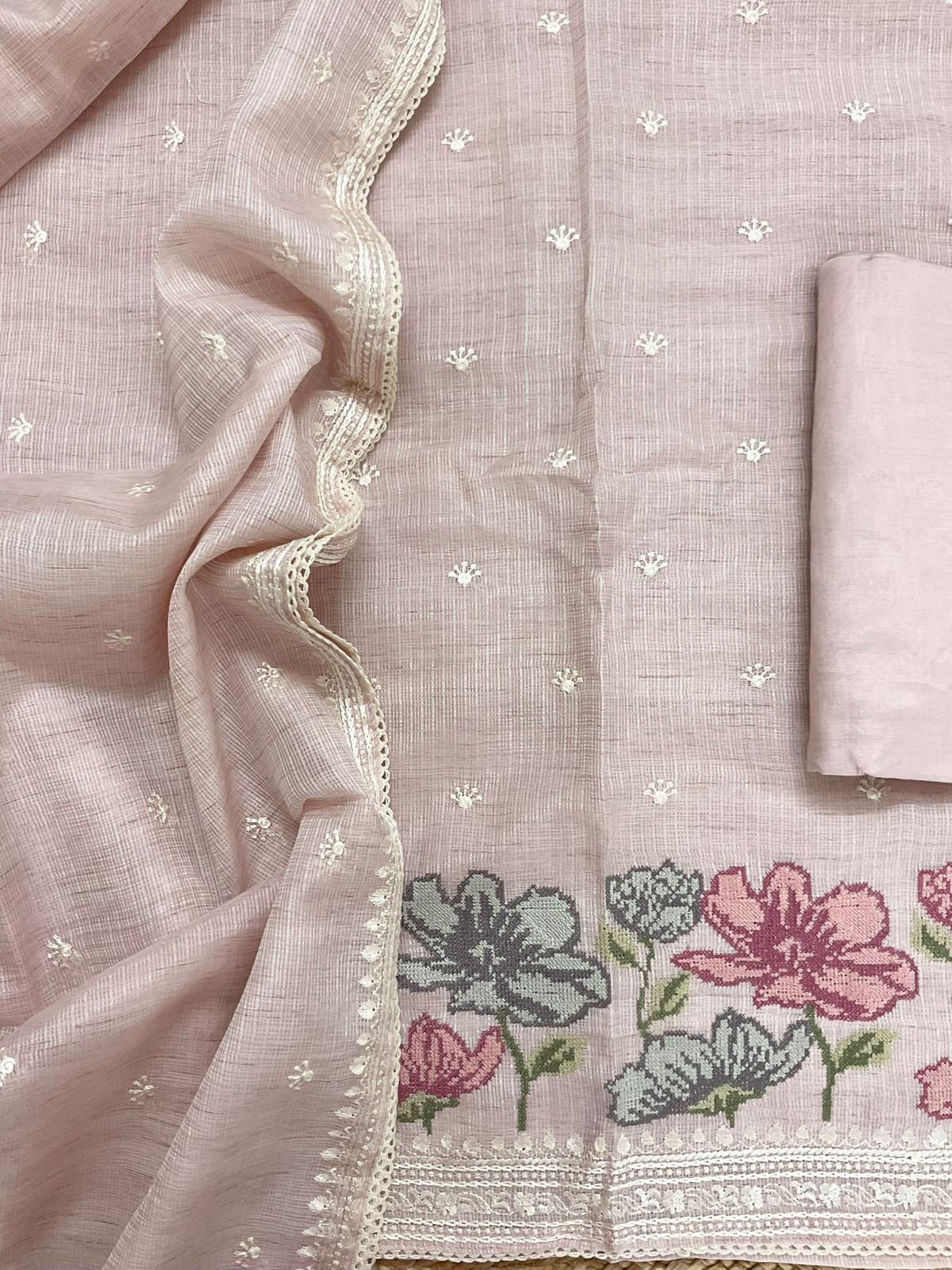 Soft Kota Silk Embroidered Suit - Pink