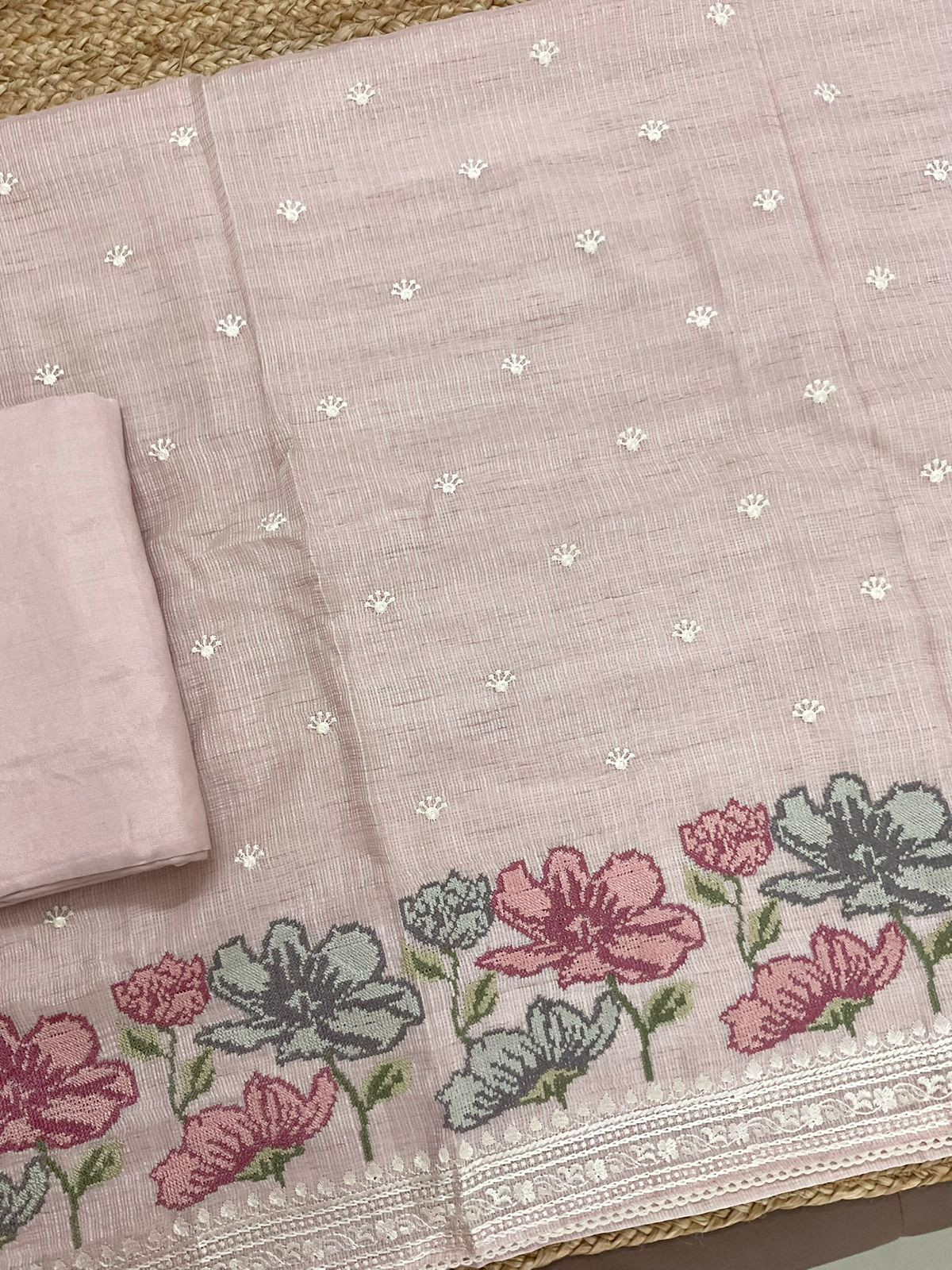 Soft Kota Silk Embroidered Suit - Pink