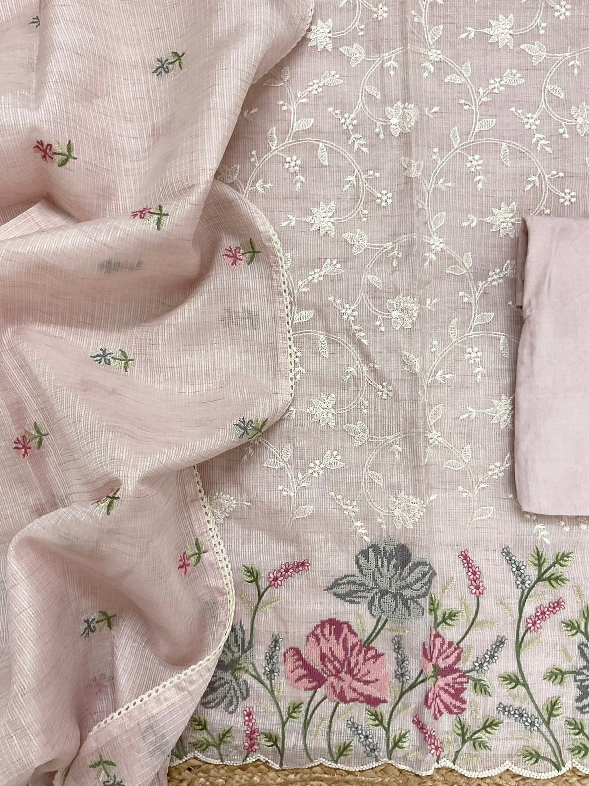 Soft Kota Silk Embroidered Suit - Pink