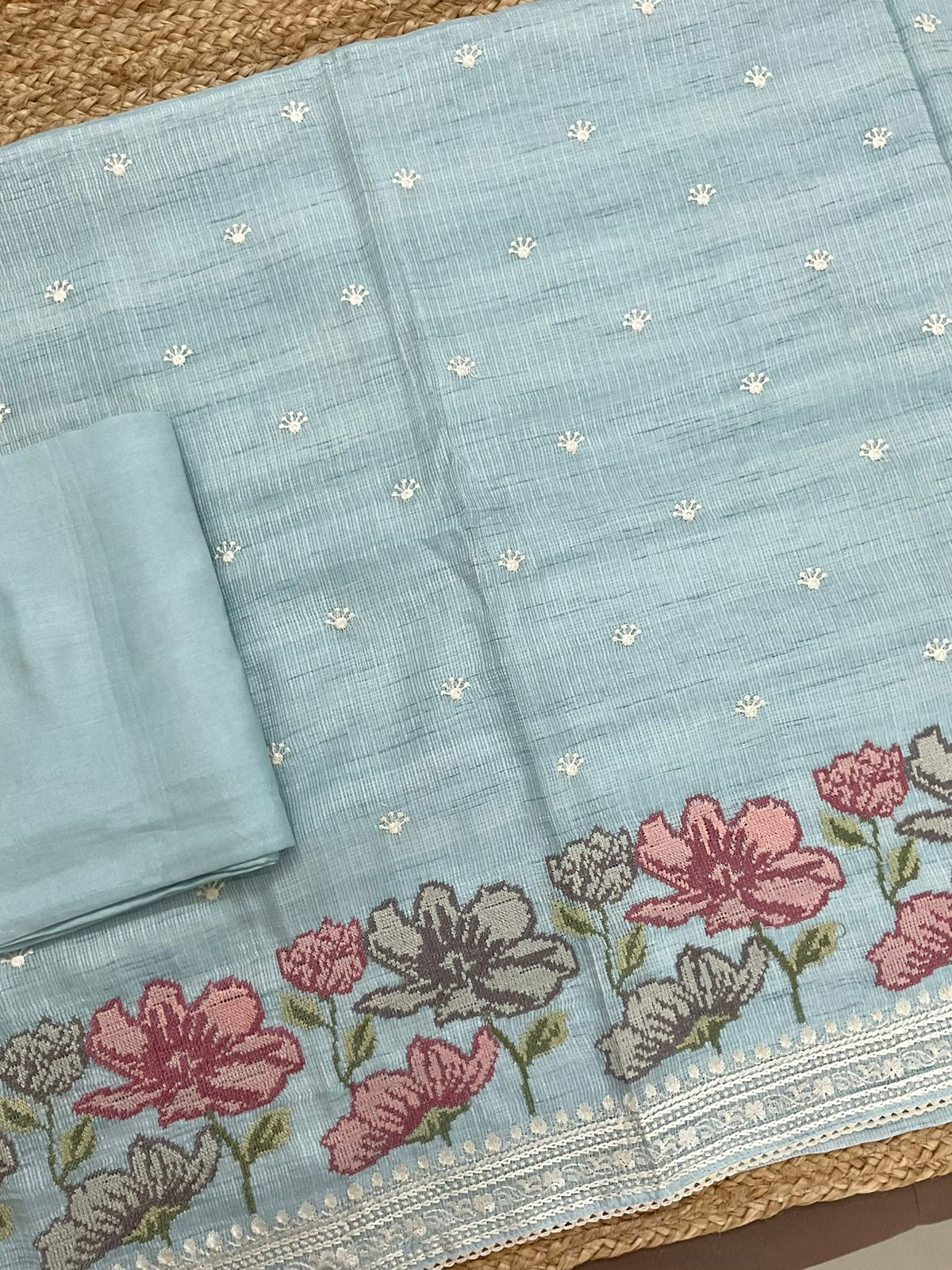 Soft Kota Silk Embroidered Suit - Blue