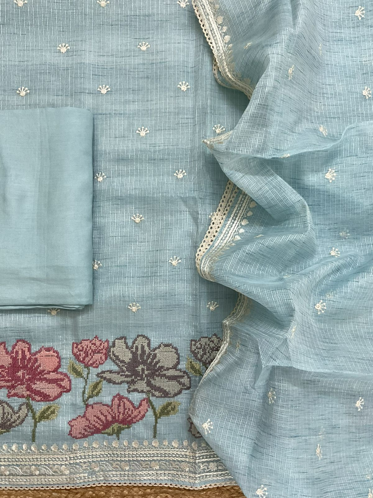 Soft Kota Silk Embroidered Suit - Blue