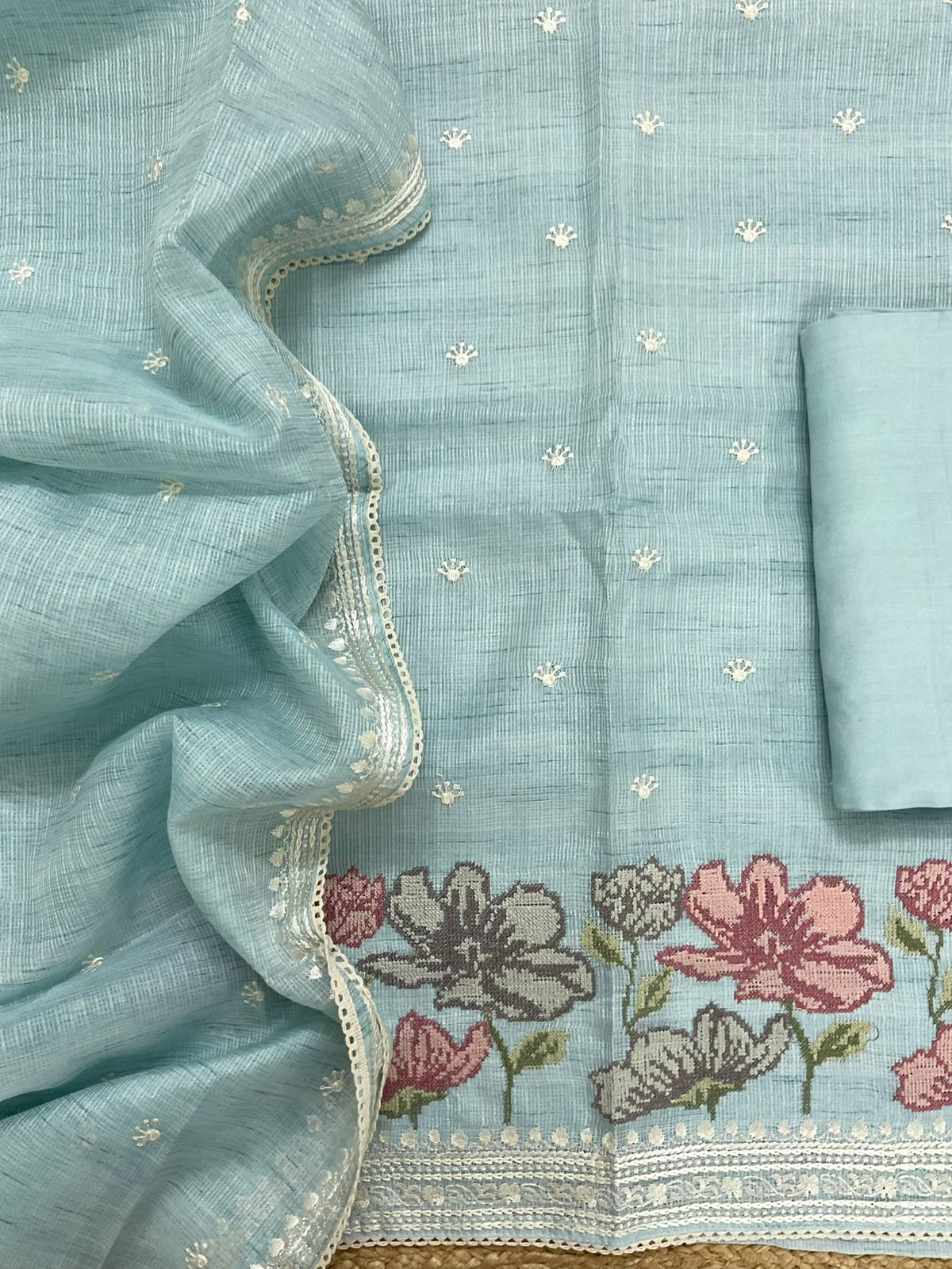 Soft Kota Silk Embroidered Suit - Blue