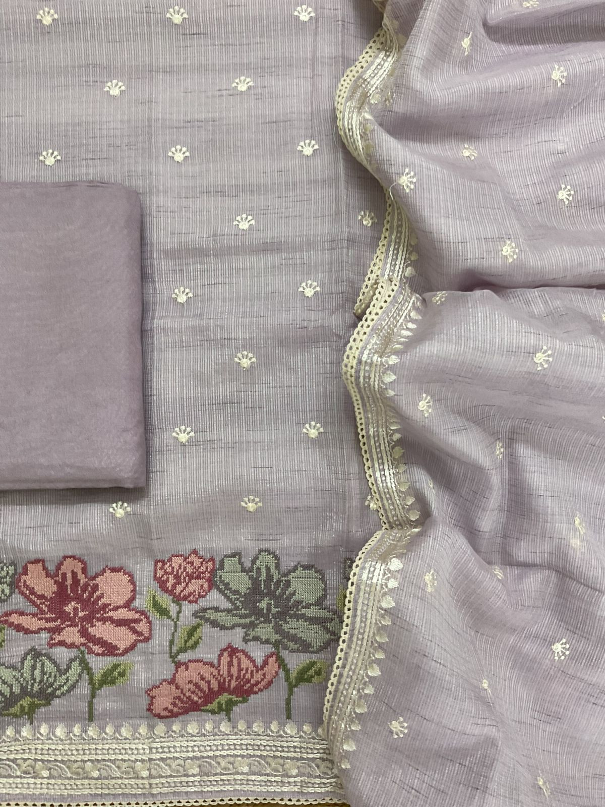 Soft Kota Silk Embroidered Suit - Lavender