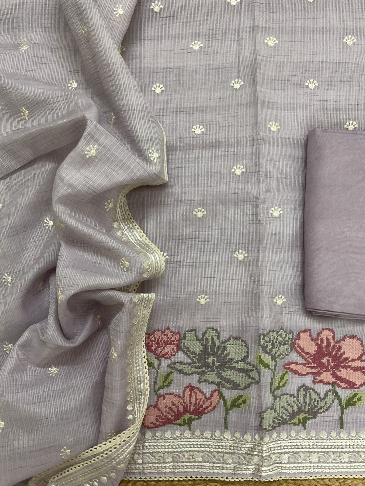 Soft Kota Silk Embroidered Suit - Lavender