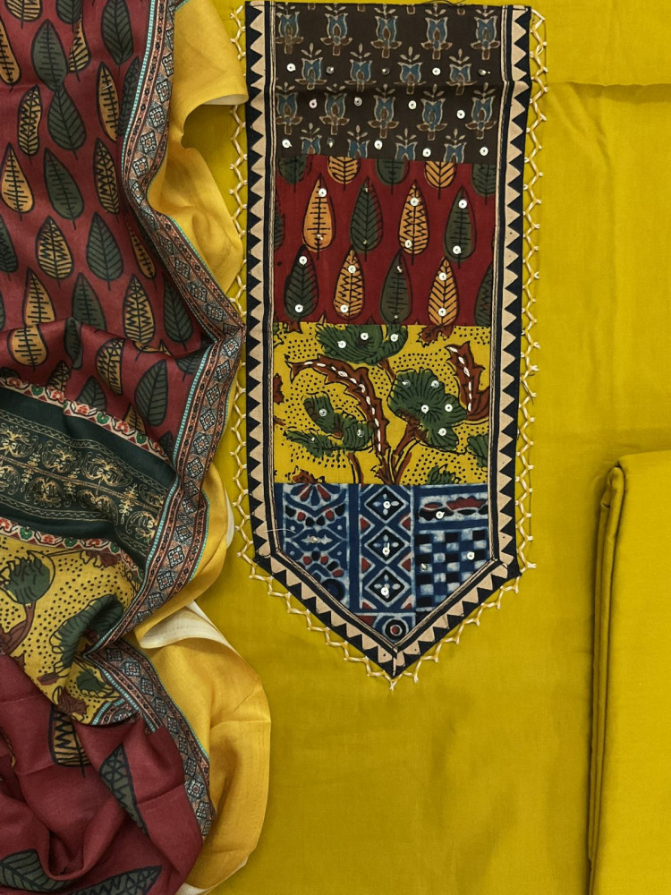 Image of Pure Cotton Printed Embroidered Suit - Yellow