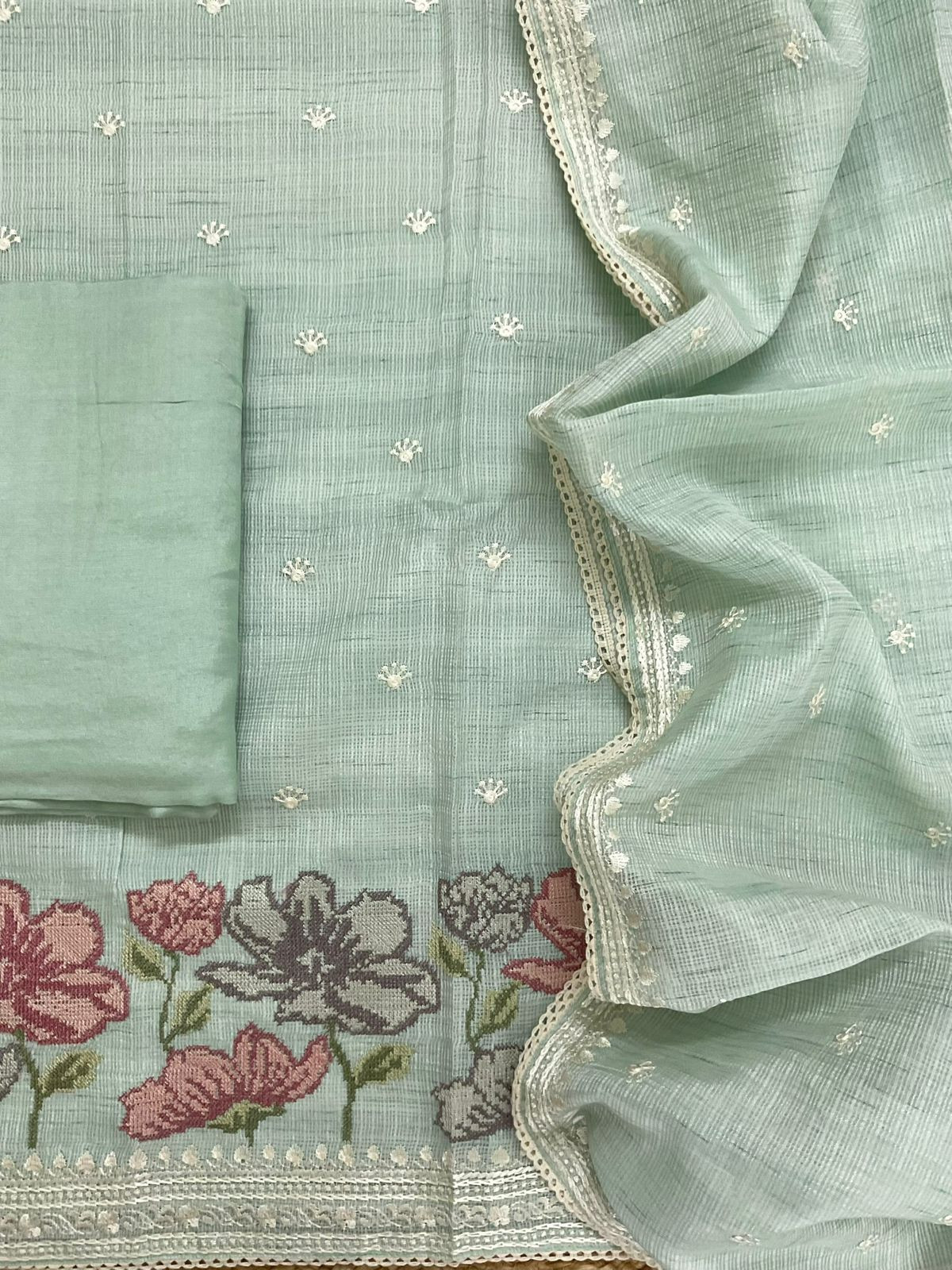 Soft Kota Silk Embroidered Suit - Green