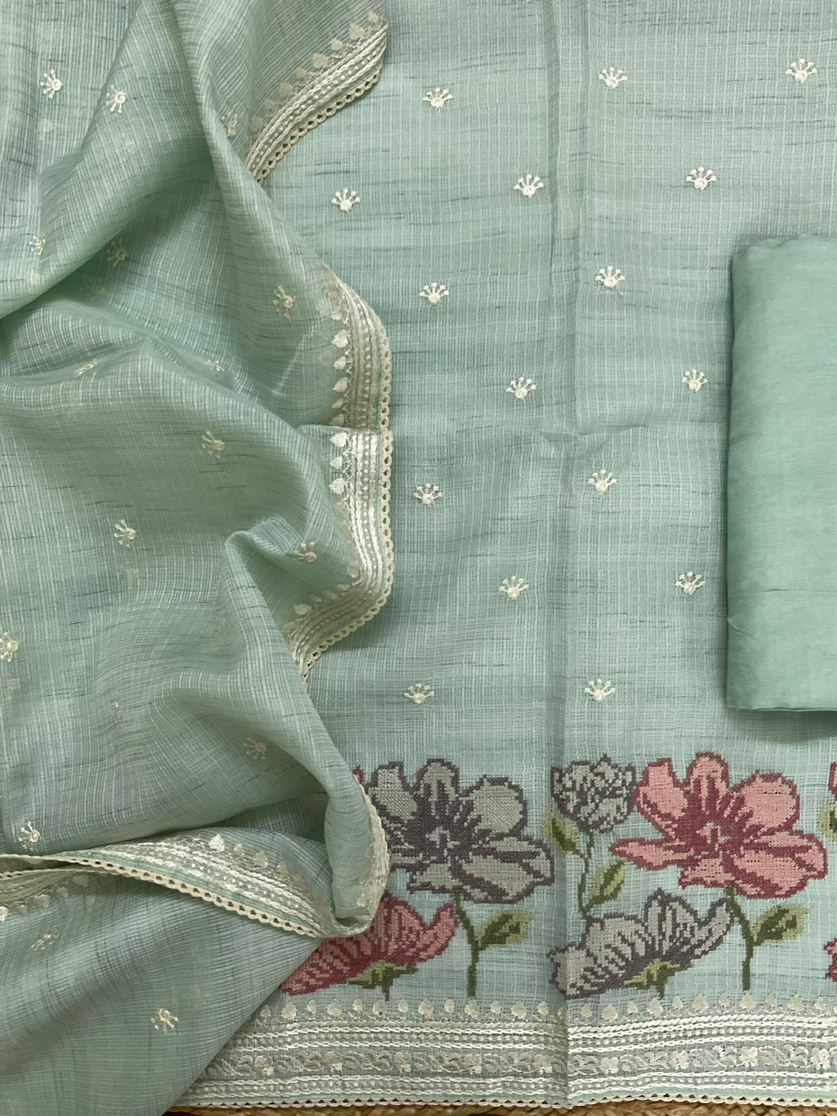 Soft Kota Silk Embroidered Suit - Green