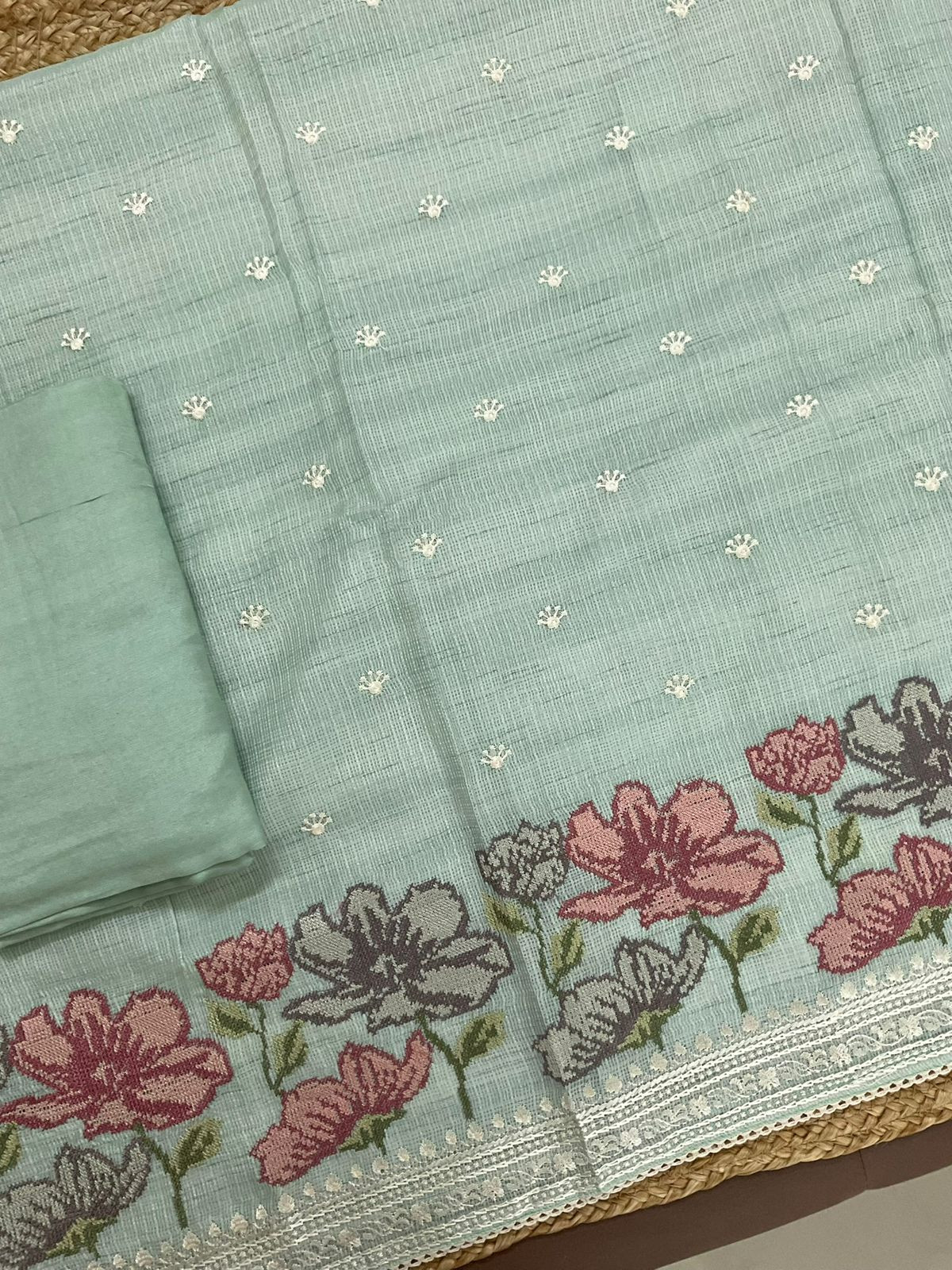Soft Kota Silk Embroidered Suit - Green