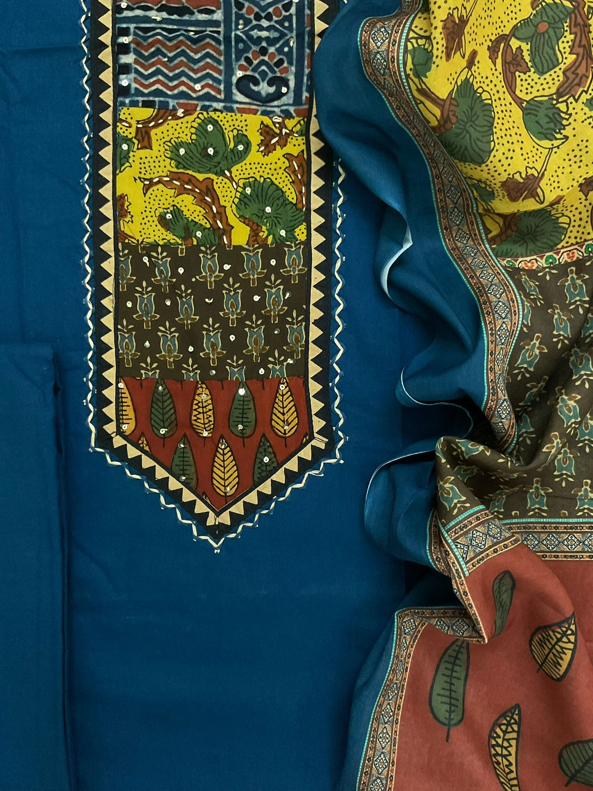 Pure Cotton Printed Embroidered Suit - Blue