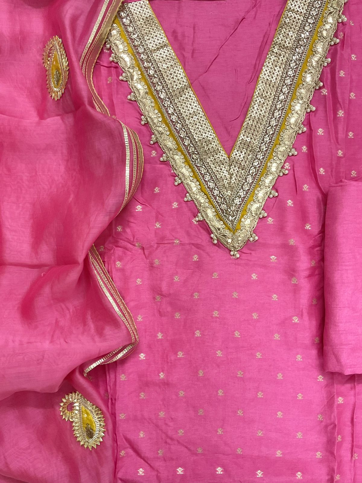 Soft Dola Silk Banarasi Weaved Embroidered Suit - Pink
