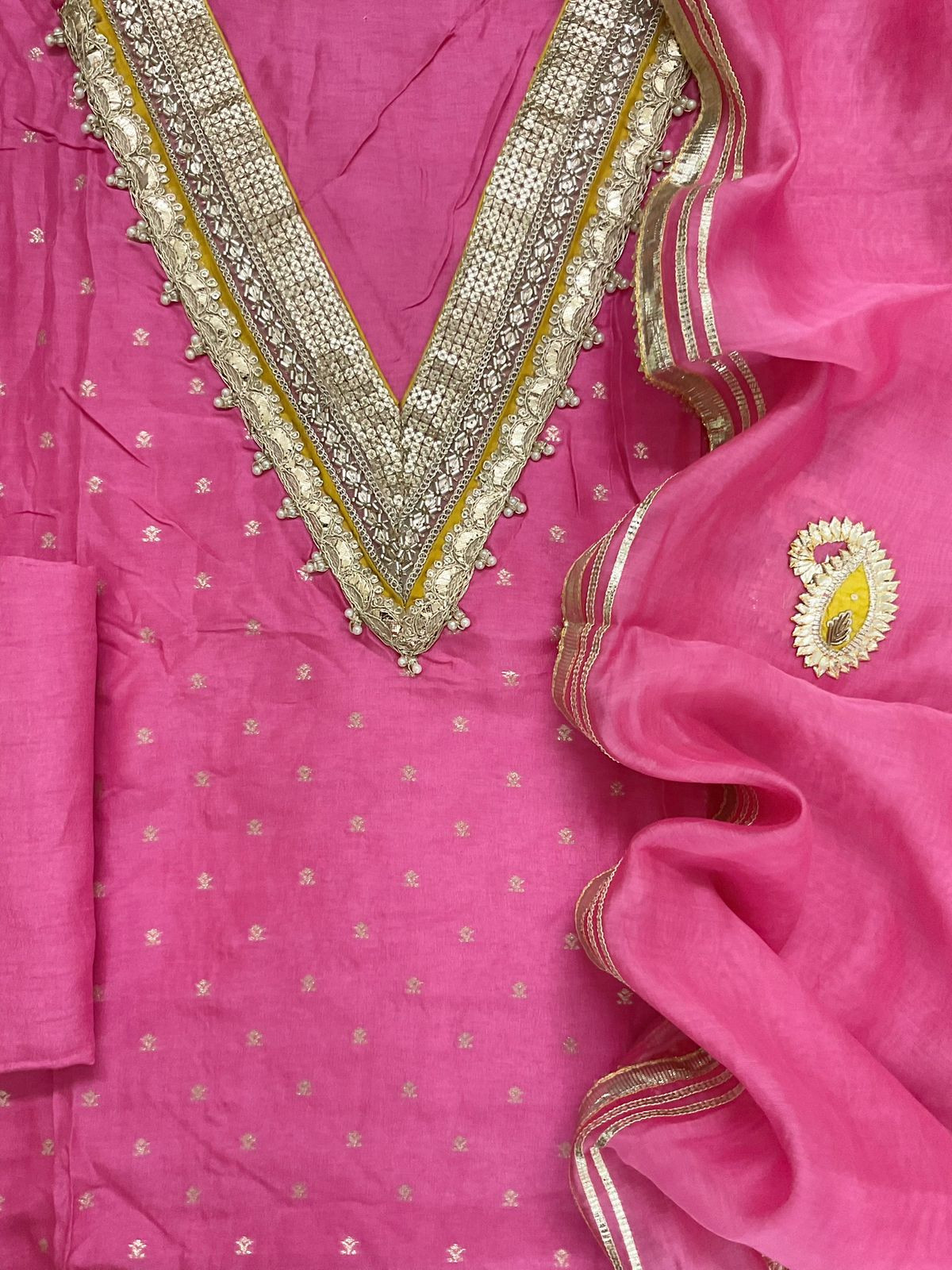 Soft Dola Silk Banarasi Weaved Embroidered Suit - Pink