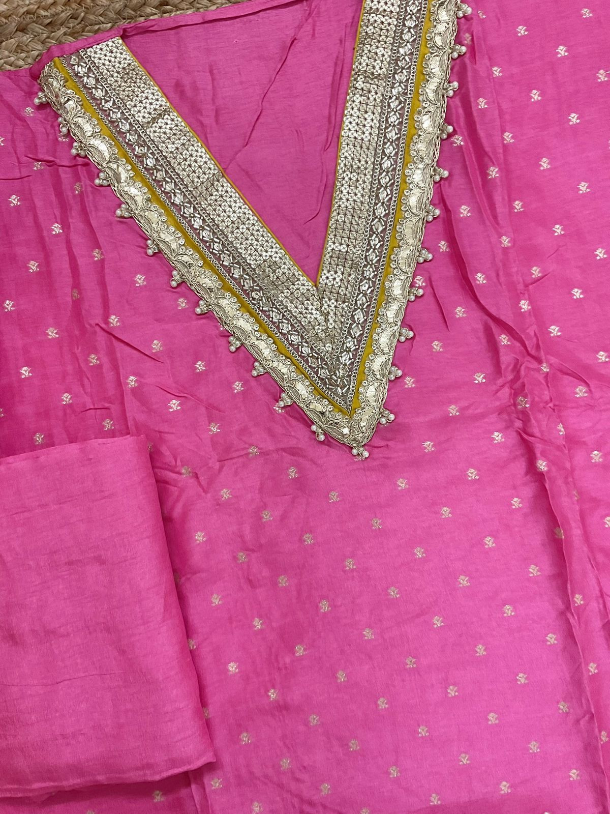Soft Dola Silk Banarasi Weaved Embroidered Suit - Pink