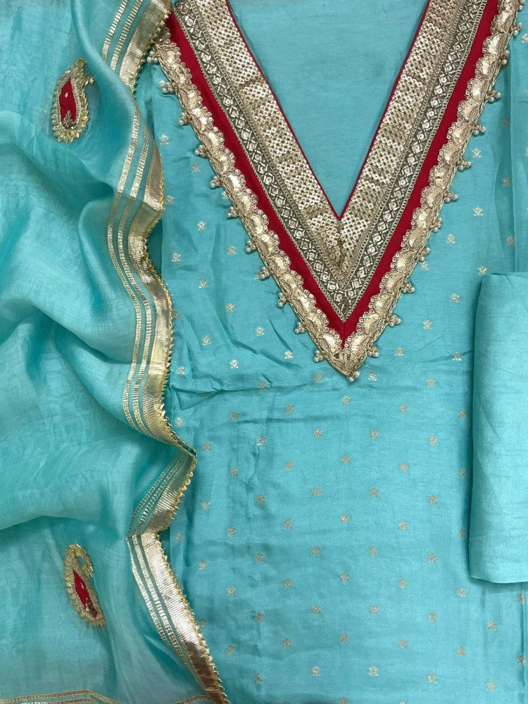 Image of Soft Dola Silk Banarasi Weaved Embroidered Suit - Blue