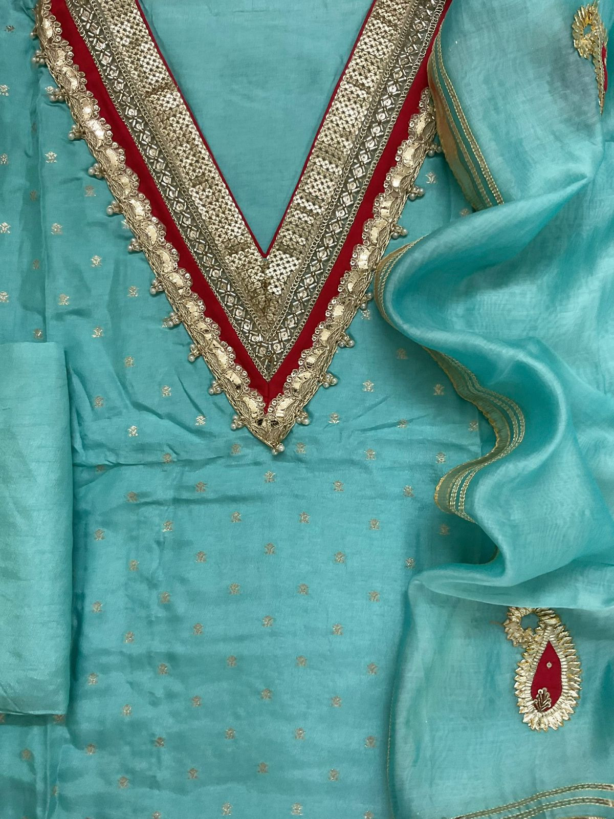 Soft Dola Silk Banarasi Weaved Embroidered Suit - Blue