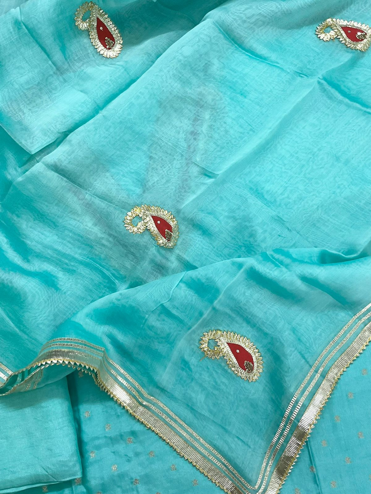 Soft Dola Silk Banarasi Weaved Embroidered Suit - Blue