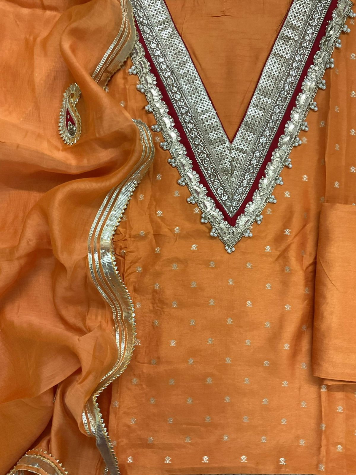 Soft Dola Silk Banarasi Weaved Embroidered Suit - Orange