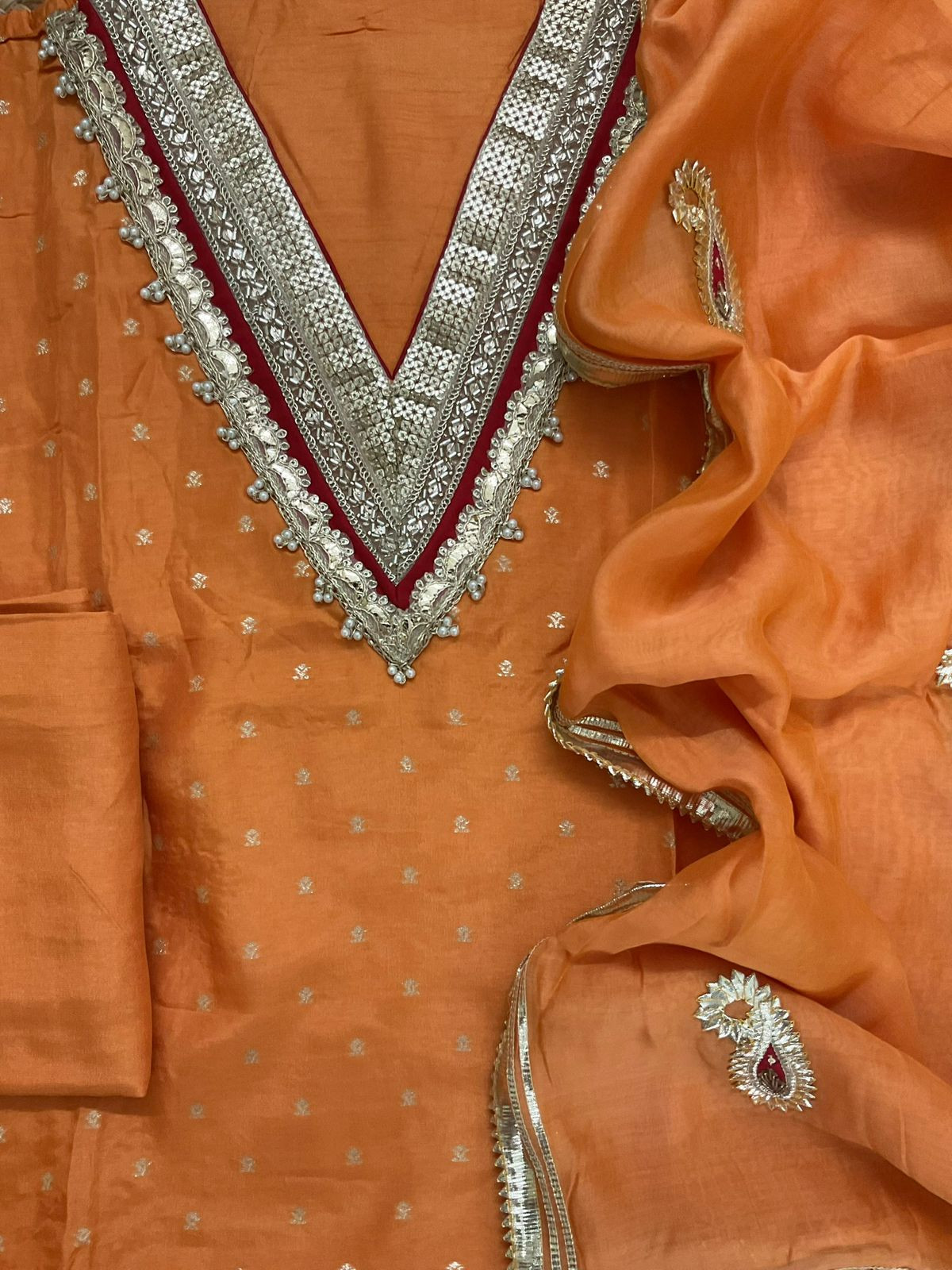 Soft Dola Silk Banarasi Weaved Embroidered Suit - Orange