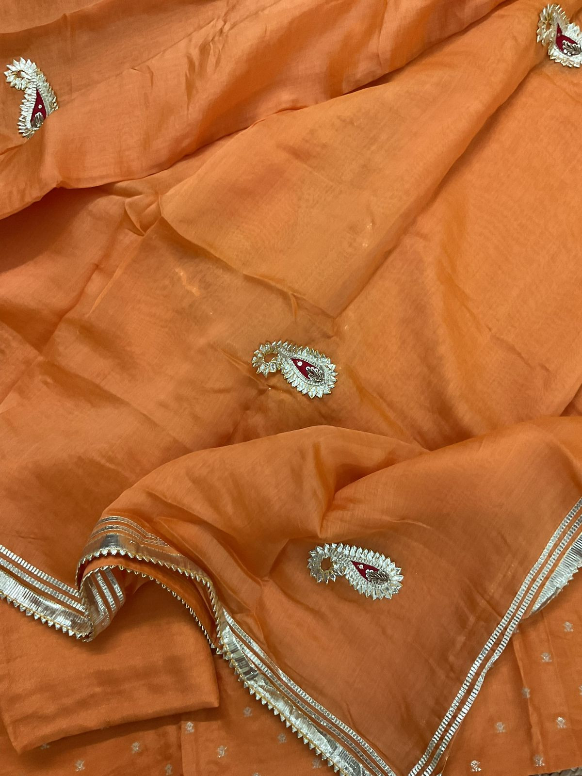 Soft Dola Silk Banarasi Weaved Embroidered Suit - Orange