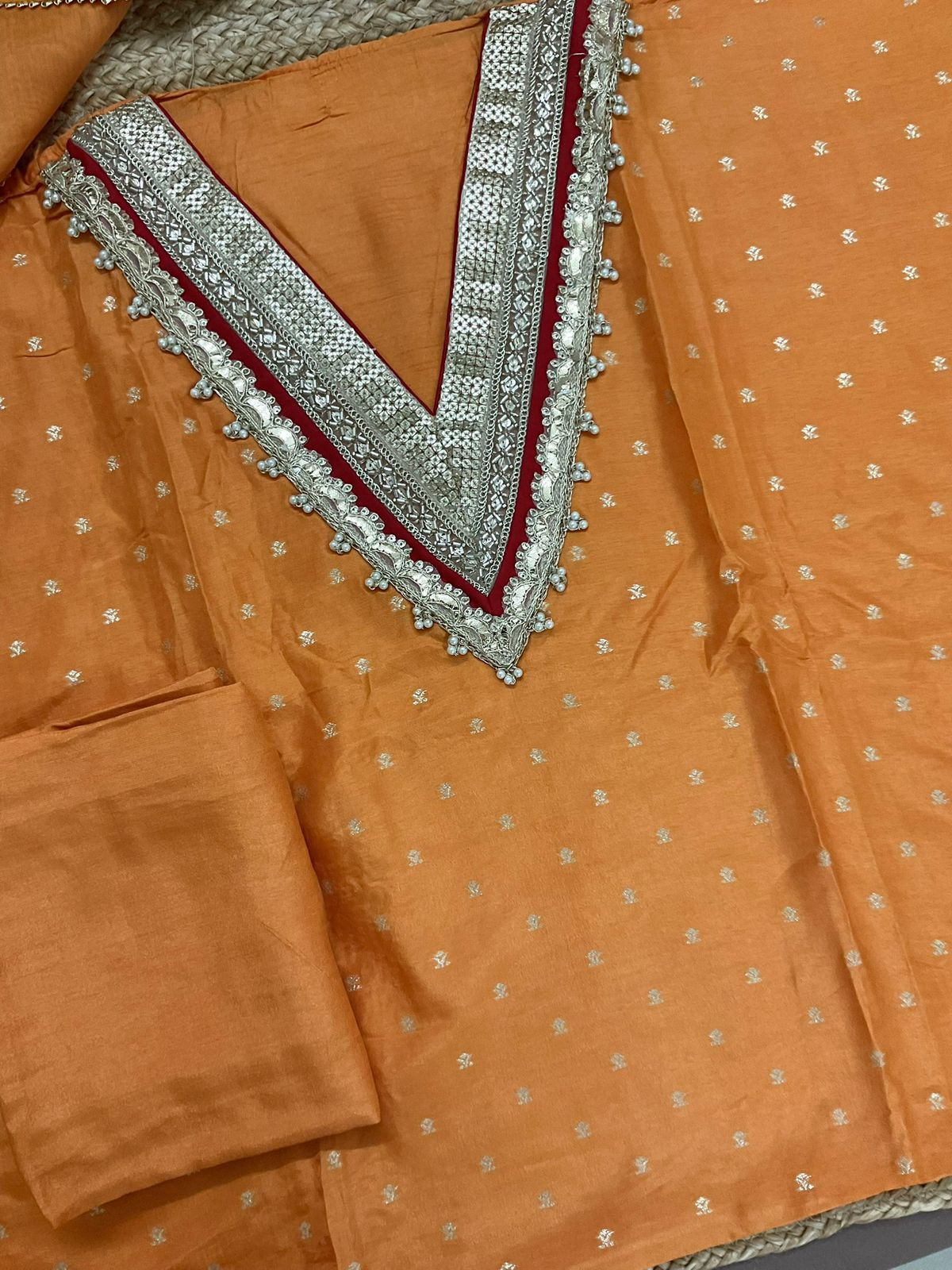 Soft Dola Silk Banarasi Weaved Embroidered Suit - Orange