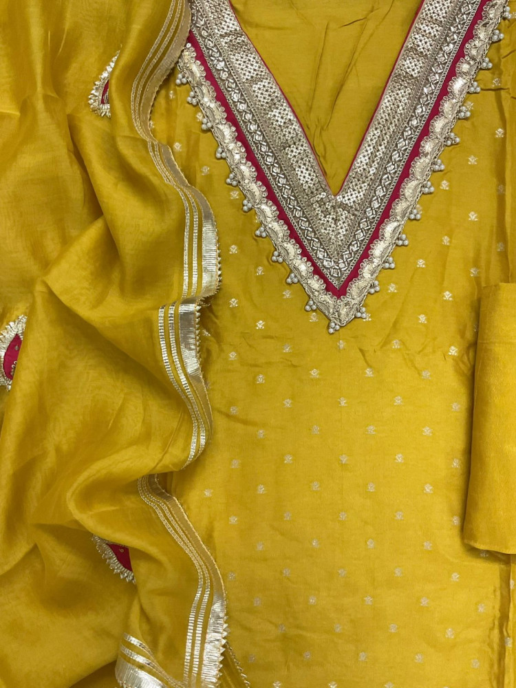 Image of Soft Dola Silk Banarasi Weaved Embroidered Suit - Yellow