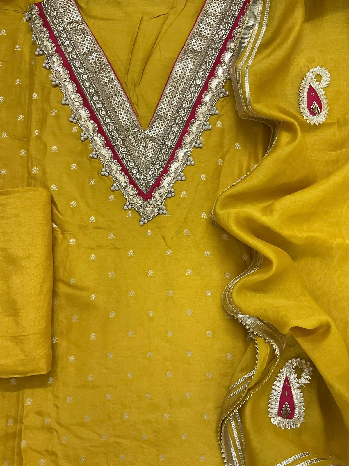Soft Dola Silk Banarasi Weaved Embroidered Suit - Yellow