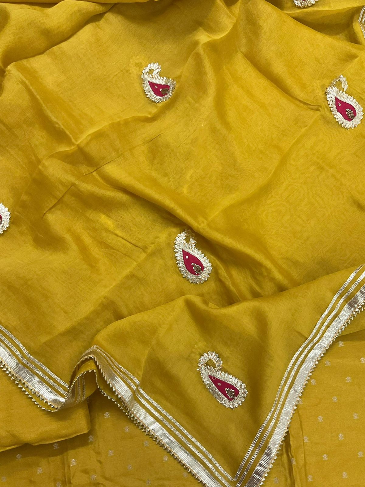 Soft Dola Silk Banarasi Weaved Embroidered Suit - Yellow