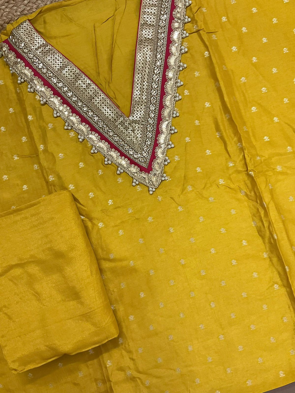 Soft Dola Silk Banarasi Weaved Embroidered Suit - Yellow