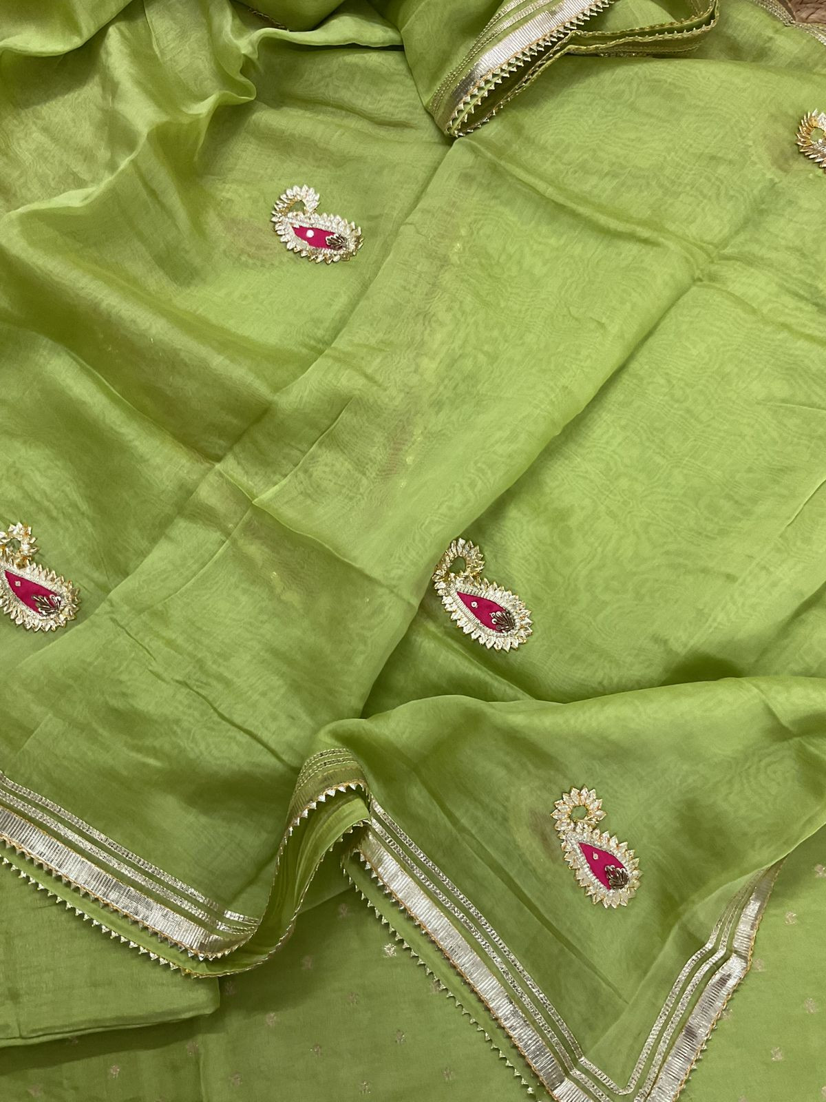 Soft Dola Silk Banarasi Weaved Embroidered Suit - Green