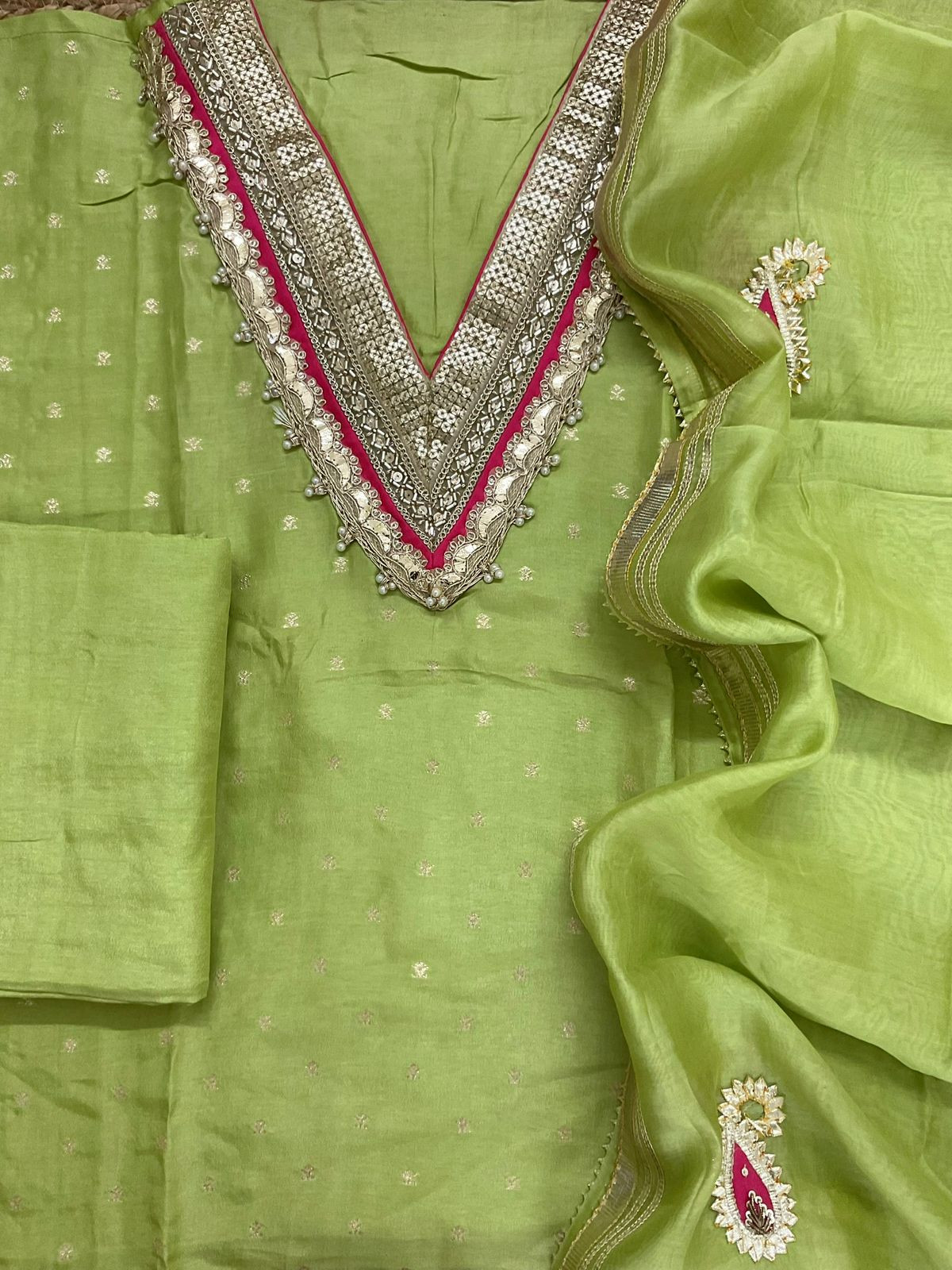 Soft Dola Silk Banarasi Weaved Embroidered Suit - Green