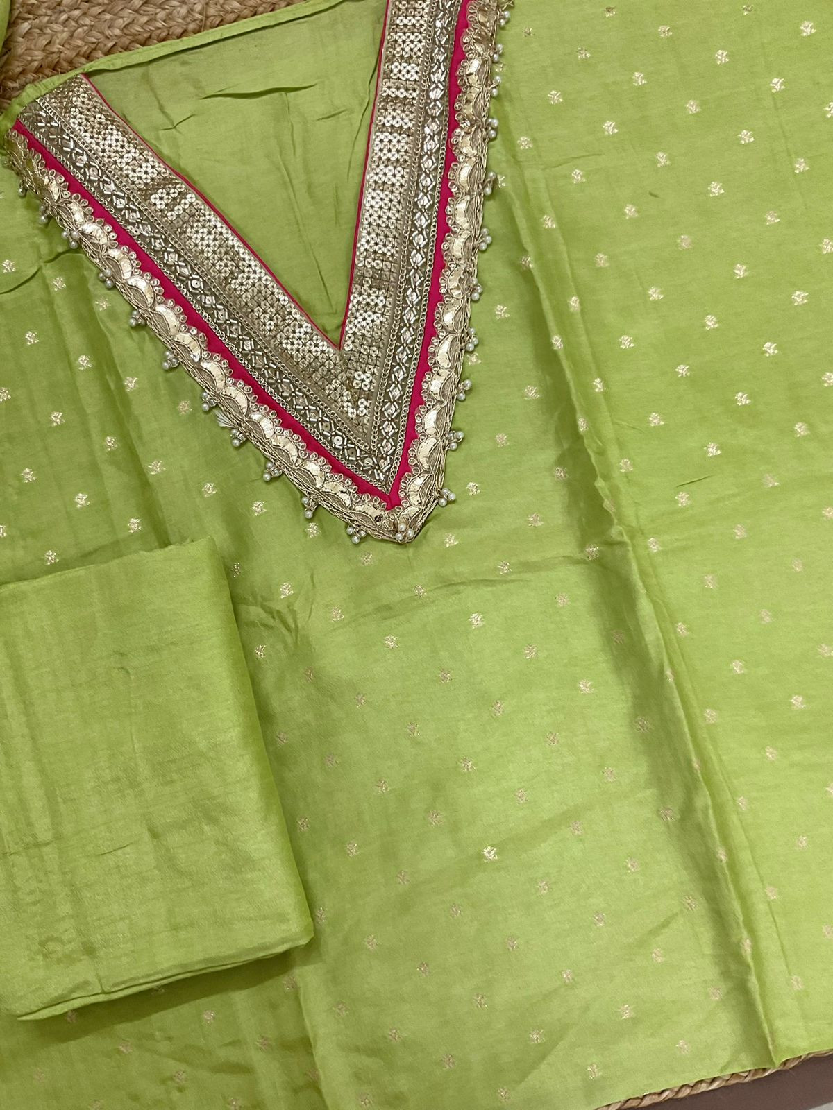 Soft Dola Silk Banarasi Weaved Embroidered Suit - Green