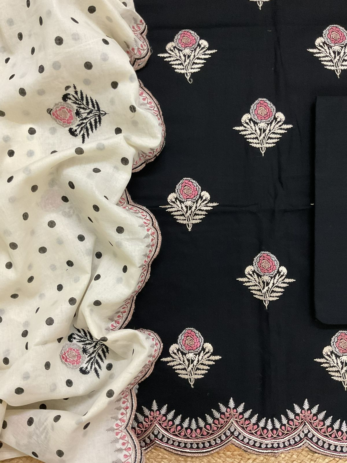 Pure Cotton Printed Embroidered Suit - Black