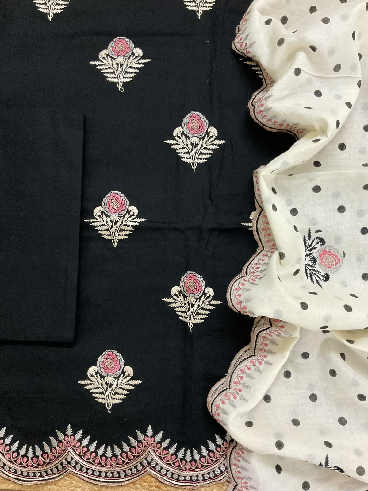 Pure Cotton Printed Embroidered Suit - Black