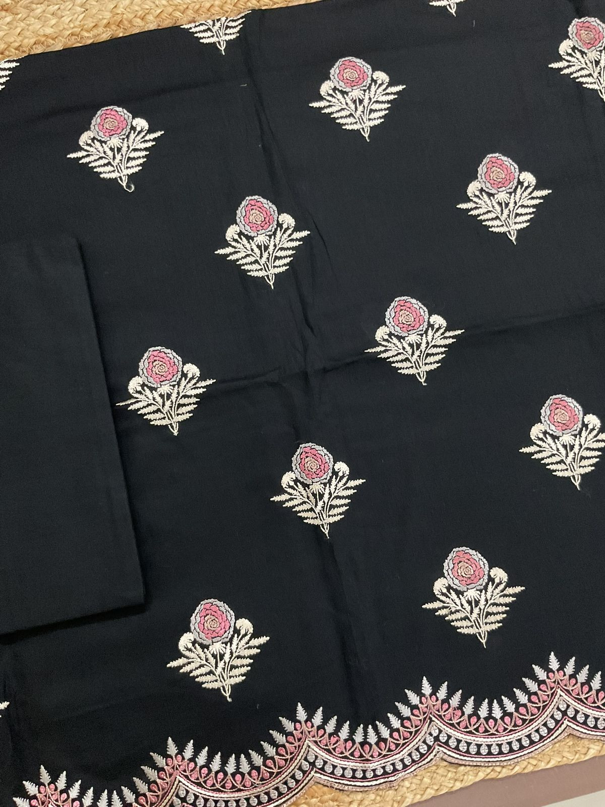 Pure Cotton Printed Embroidered Suit - Black