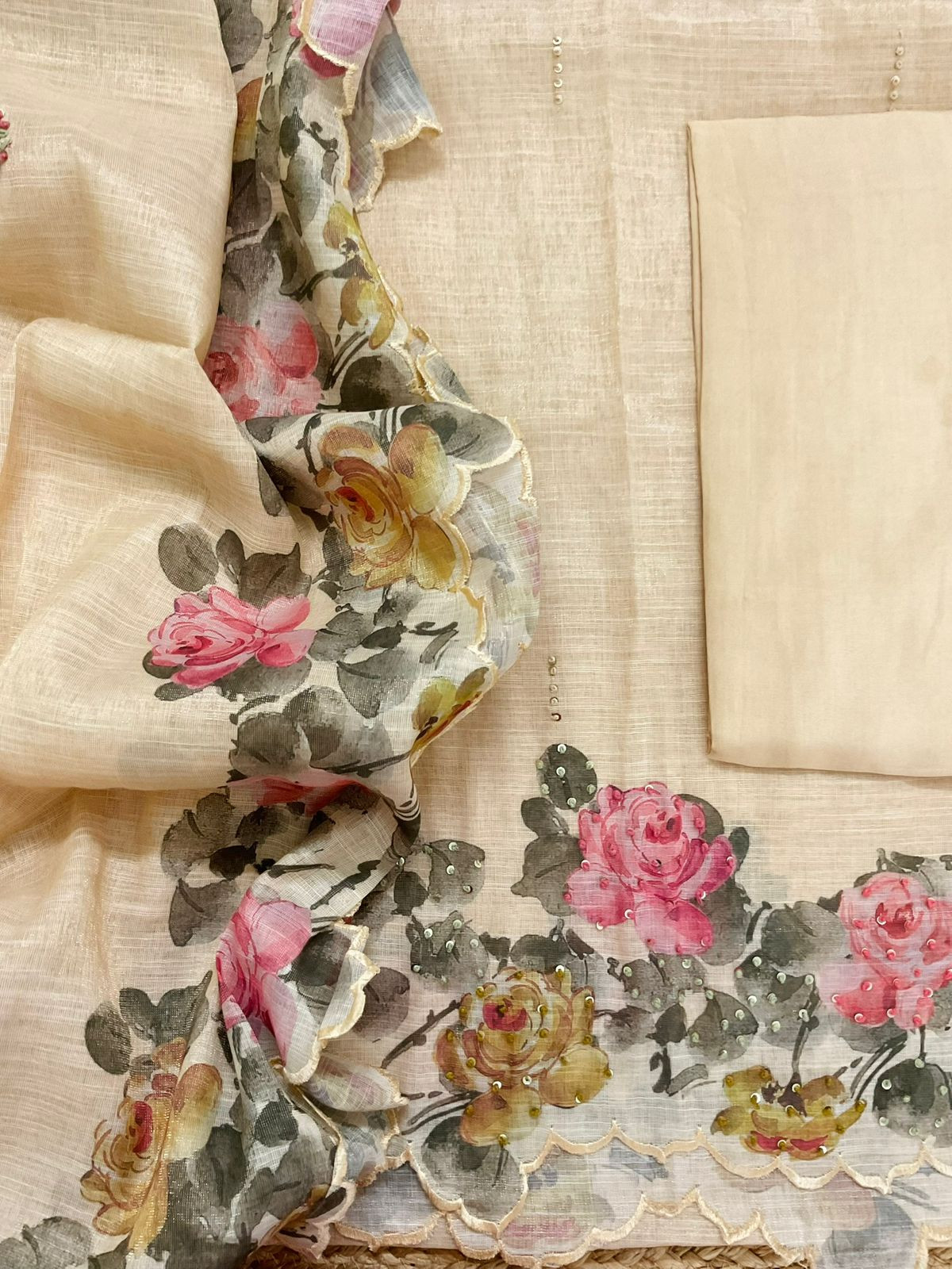 Soft Tissue Slub Cotton Printed Embroidered Suit - Beige