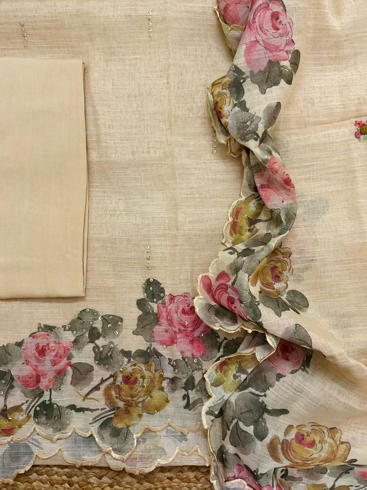 Soft Tissue Slub Cotton Printed Embroidered Suit - Beige