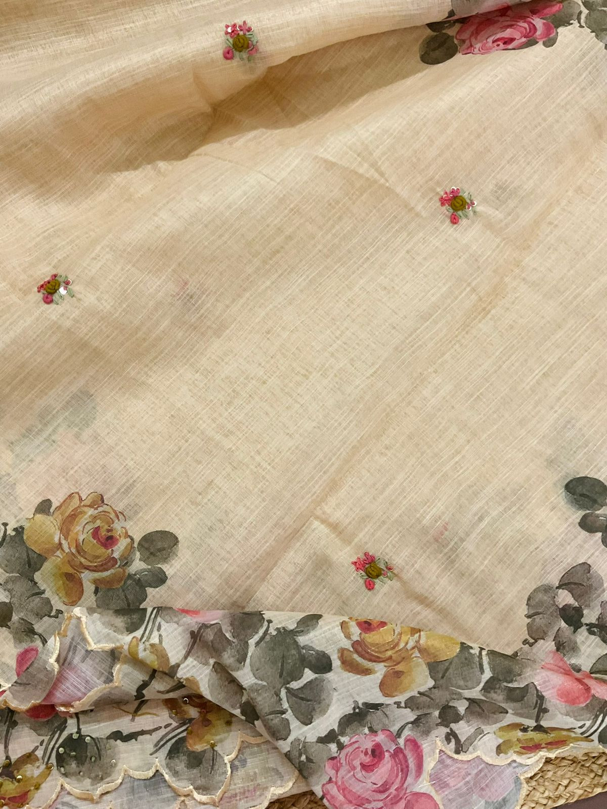 Soft Tissue Slub Cotton Printed Embroidered Suit - Beige