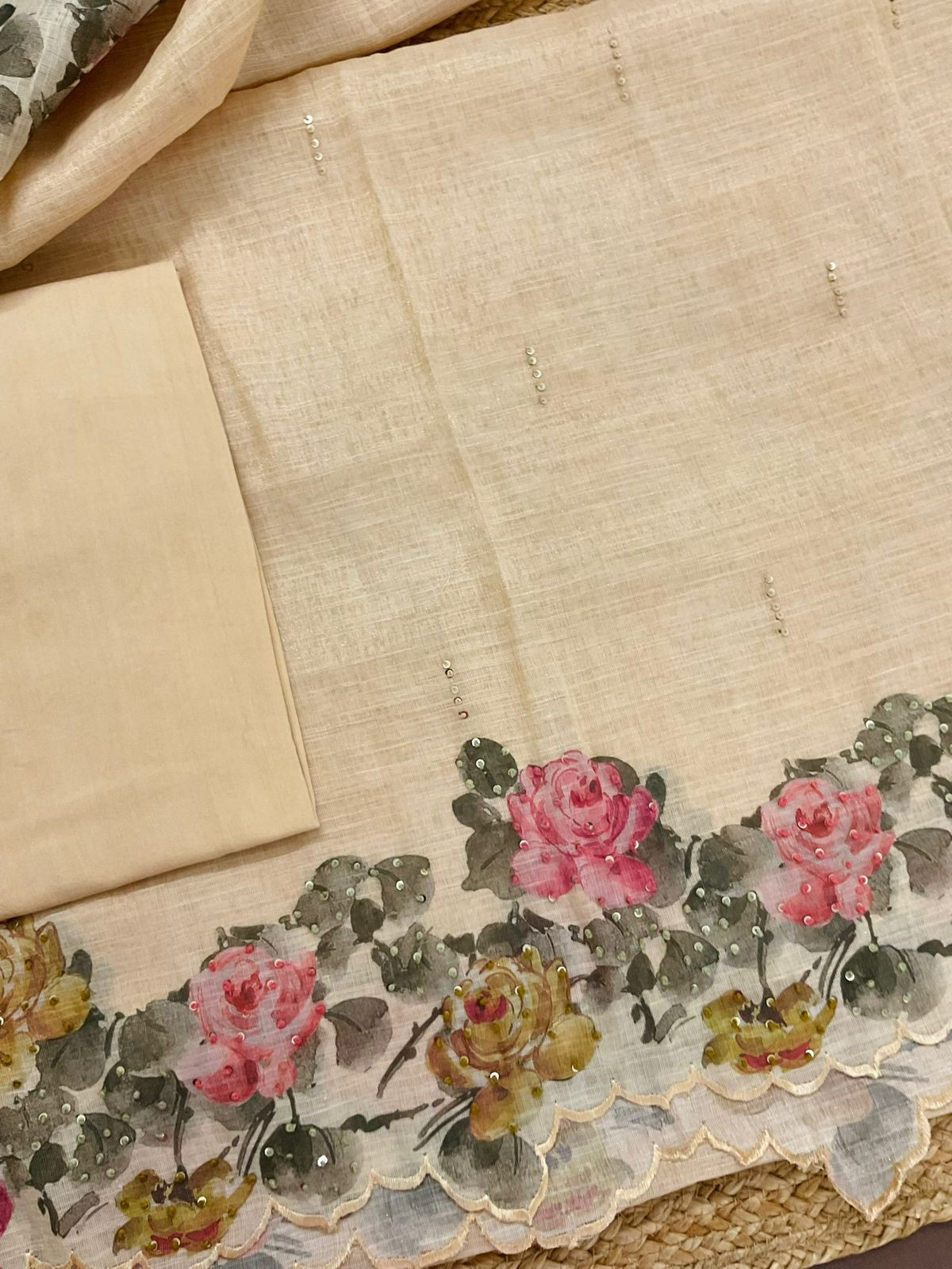 Soft Tissue Slub Cotton Printed Embroidered Suit - Beige